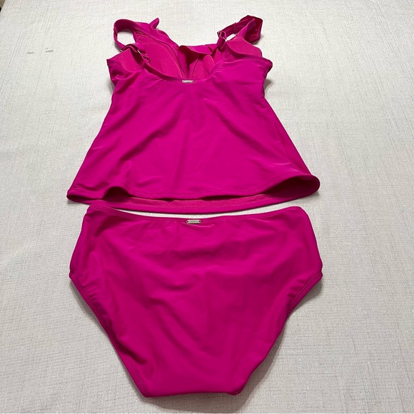 DKNY Ladies Swimsuit Ruffle Tankini Pink 2 Piece Set Size Large - Picture 3 of 11